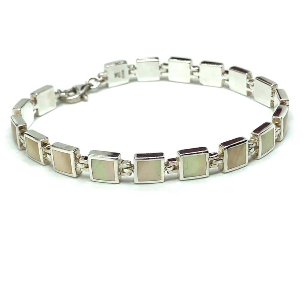 Womens Sterling Silver Geometric Square Link Pearl Tennis Bracelet